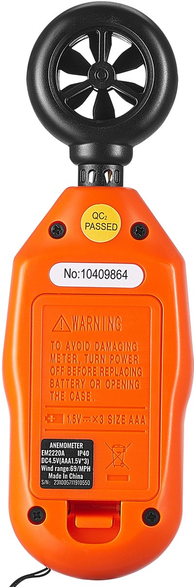 VEVOR Anemometer 69,35MPH Luchtsnelheidsmeter 163x54x32mm Windmeter IP44 Windmeter Windsterktemeter MAX/MIN/AVG/CU Windsnelheidsgegevens -10-45℃ Luchtmeter Snelheidsmeter