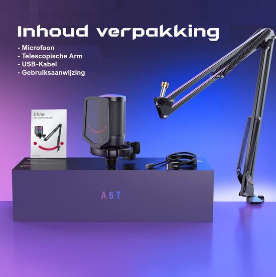 Inhoud van de verpakking: Fifine A6T microfoon, telescopische arm, USB-kabel en handleiding.