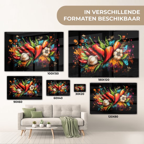 MuchoWow® Peinture sur verre 120x80 cm - Peinture acrylique sur verre - Légumes - Poivrons - Ail - Graffiti - Peinture - Coloré - Photo sur verre - Décoration murale salon - Décoration murale chambre - Peintures
