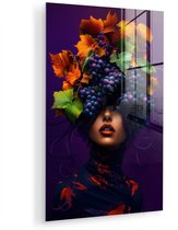 MuchoWow® Glasschilderij 100x150 cm - Schilderij acrylglas - Vrouw - Paars - Druiven - Foto op glas - Muurdecoratie woonkamer - Wanddecoratie slaapkamer - Schilderijen