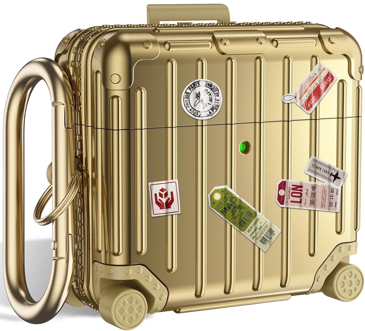 Casemania Koffer Hoesje Geschikt voor Apple AirPods 4 - Goud - Schokbestendig Suit Case Cover - Inclusief DIY Stickers & Karabijnhaak