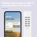 Smartphone met 'Mijn huis' app-interface naast een witte afstandsbediening met 6 knoppen.