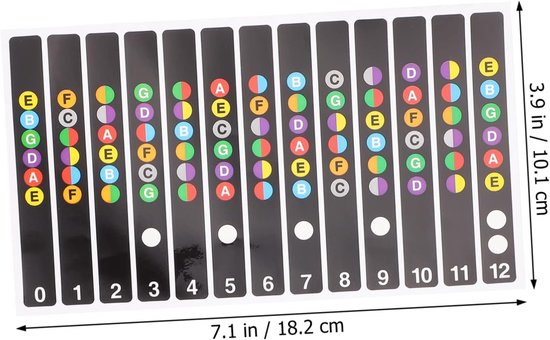 Gitaartuner stickers met noten van 0 tot 12. De stickers zijn 18,2 cm lang en 10,1 cm breed.