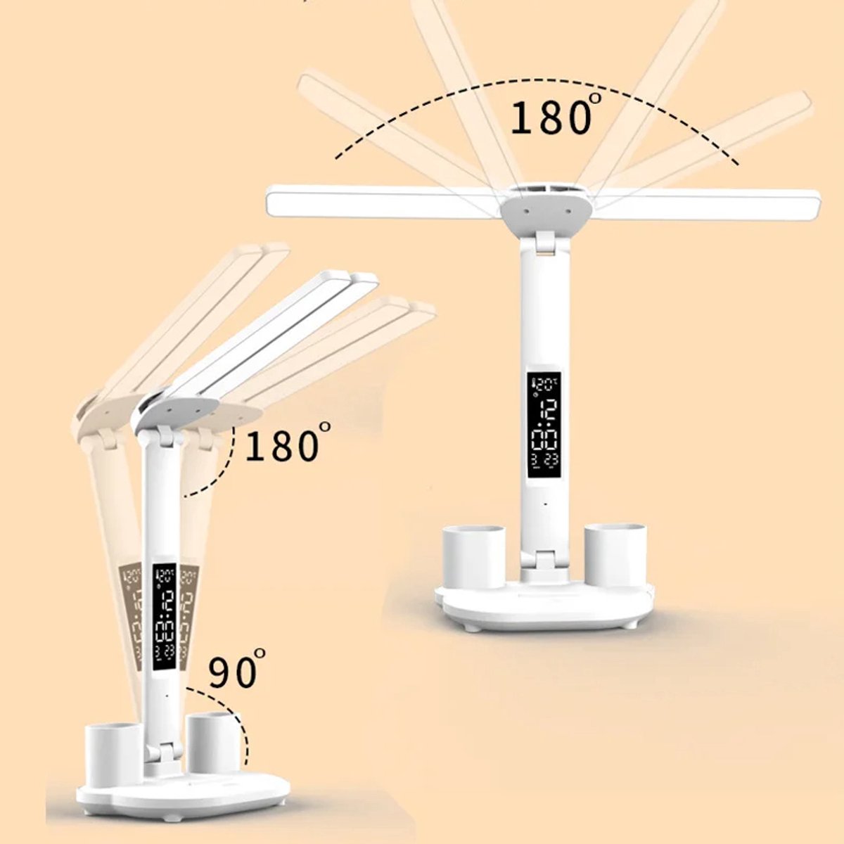 LED Bureaulamp Dubbele Kop, Vouwbaar, Touchscreen, Klok & Thermometer thumbnail 6