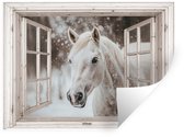 Muurstickers - Sticker Folie - Cheval - Wit - Hiver - Neige - Doorkijk - Animaux - 160x120 cm - Plakfolie - Muurstickers Kinderkamer - Zelfklevend Behang XXL - Zelfklevend behangpapier - Stickerfolie
