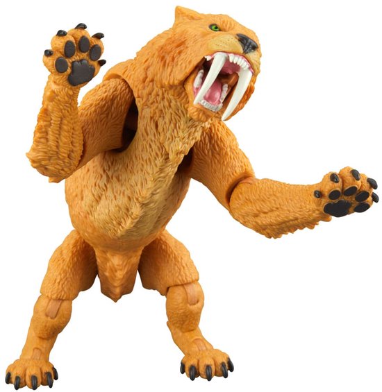 Oranje sabeltandtijger figuur in aanvallende pose, met groene ogen en witte slagtanden.