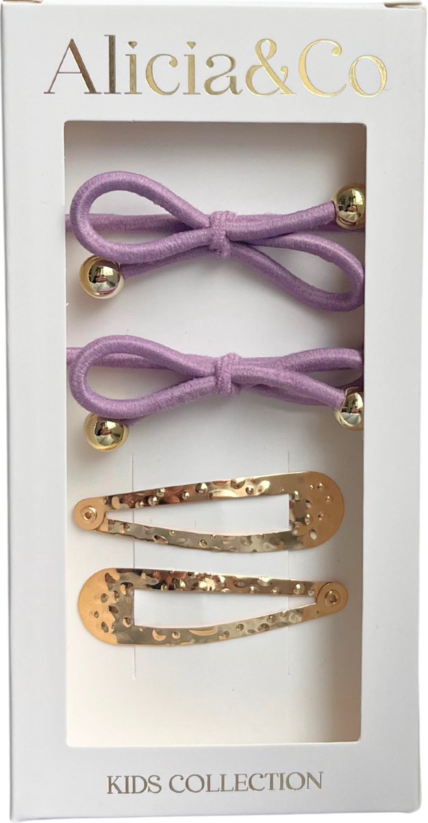 Alicia&Co - Modern Bow Set - Lush Lavender - Set van 2 haarclips en 2 haarelastiekjes - cadeau - kraamcadeau - haarelastiekjes zonder metaal - haarspelden & clips - haarelastiekjes baby - haarelastiekjes kind - haarspeldjes kind - haarspeldjes baby