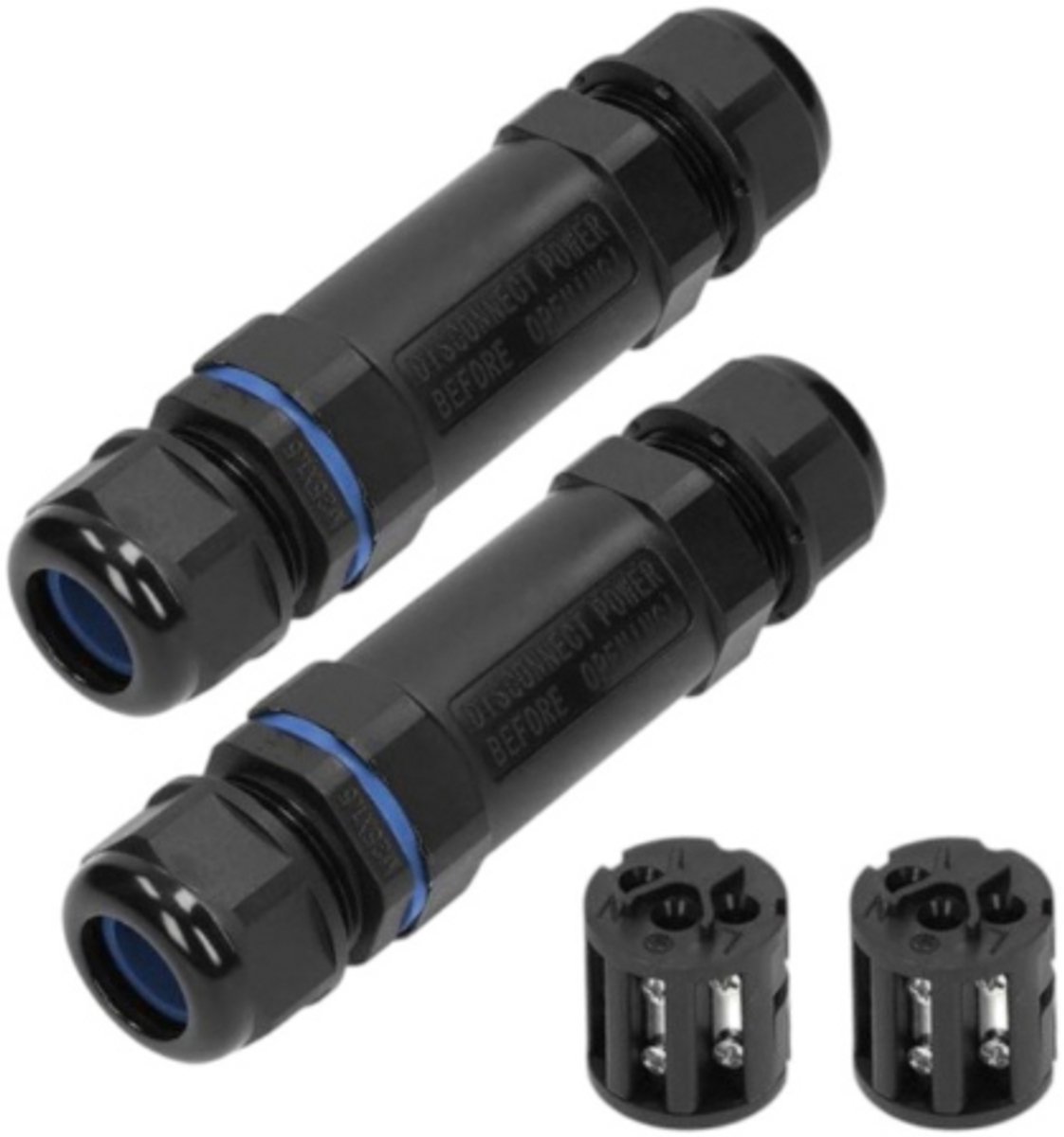 Waterdichte Kabelconnector Recht - 3-polig (3x6mm², 450V/30A, IP68) - (Lasdoos, Kabeldoos) - Set van 2