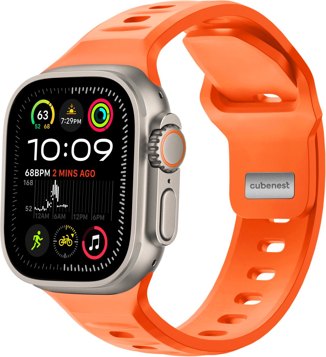 Cubenest Premium siliconen bandje - Geschikt voor Apple Watch 1, 2, 3, 4, 5, 6, 7, 8, 9, 10, SE, Ultra (2) - you 42/44/45/46/49 mm - Oranje - One Size