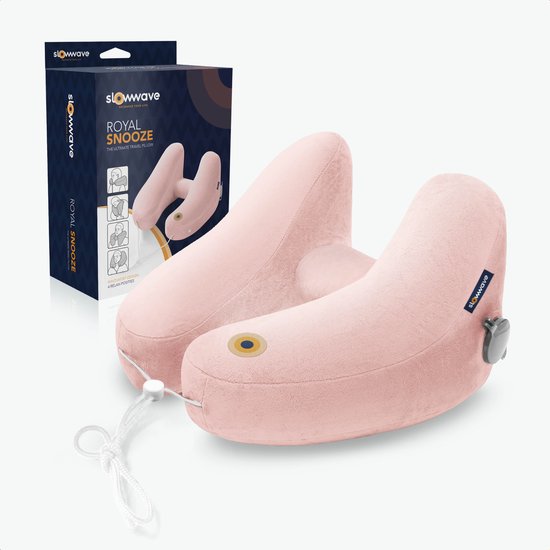 Slowwave Royal Snooze Travel Pillow - Rose Quartz Limited Edition - Inclusief set siliconen oordopjes - Het beste reiskussen - Nekkussen met 4 fijne relaxposities - Optimale ondersteuning hoofd en nek - Opblaasbaar vliegtuigkussen - Fluweelzacht
