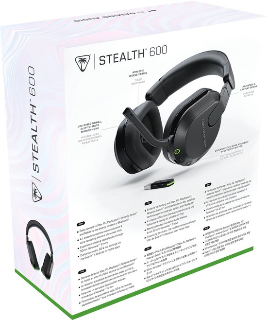 Verpakking van de Turtle Beach Stealth 600 gaming headset, met afbeelding van de headset en specificaties.