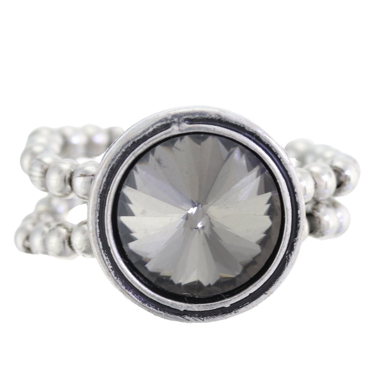 Behave - Ring - Elastische Vintage Zilverkleurige Ring met Antraciet Grijze Kristal – Tijdloos & Comfortabel | Nikkelvrij