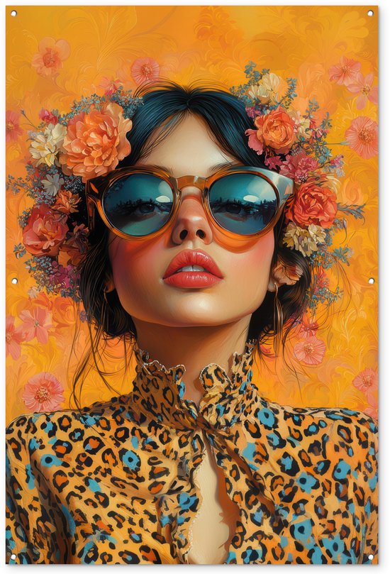 Tuinposter 120x180 cm - Tuindecoratie Vrouw - Bloemen - Aesthetic - Oranje - Poster voor in de tuin - Buiten decoratie - Schutting tuinschilderij - Tuindoek muurdecoratie - Wanddecoratie balkondoek