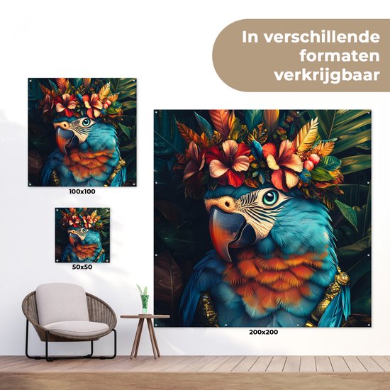 Tuinposter 50x50 cm - Tuindecoratie Papegaai - Vogel - Kleurrijk - Bloemen - Bladeren - Poster voor in de tuin - Buiten decoratie - Schutting tuinschilderij - Tuindoek muurdecoratie - Wanddecoratie balkondoek