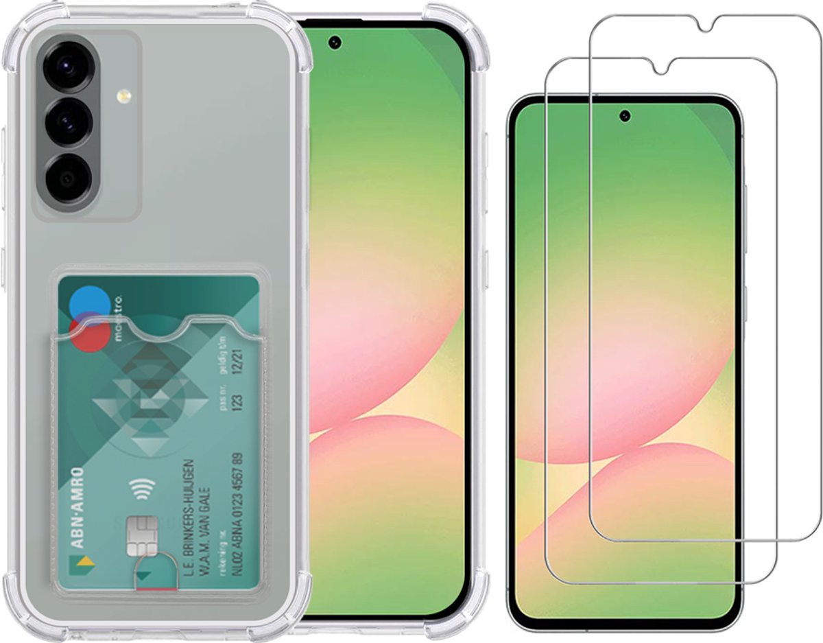 Transparant hoesje met Pasjeshouder geschikt voor Samsung Galaxy A56 - Shock Proof Case Met gehard glas Screenprotectors – 2 Packs