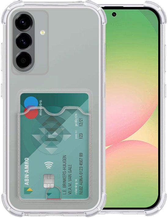 Coque de téléphone transparente avec une carte de crédit verte dans une poche à l'arrière.
