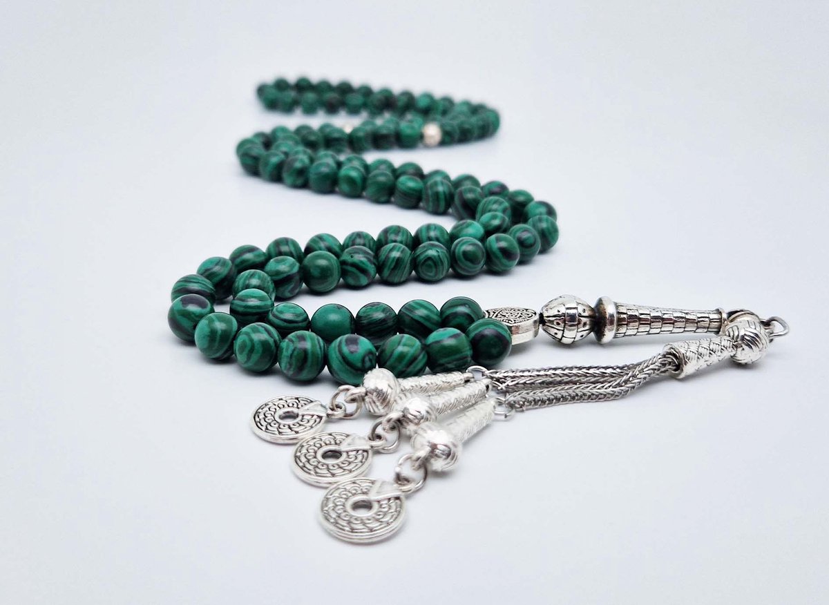 Handgemaakte tesbih "Tasbih" natuursteen "Malachiet" - Aantal kralen 99 - Diameter kralen 8MM - met metaal tassel "Cirkels" - Een mooi cadeau-idee