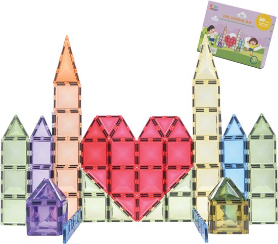 Gladi Tiles Pastel 60 Stuks - Magnetisch Speelgoed - Constructie speelgoed - STEM Speelgoed voor Kinderen - Bouwset vanaf 3 jaar