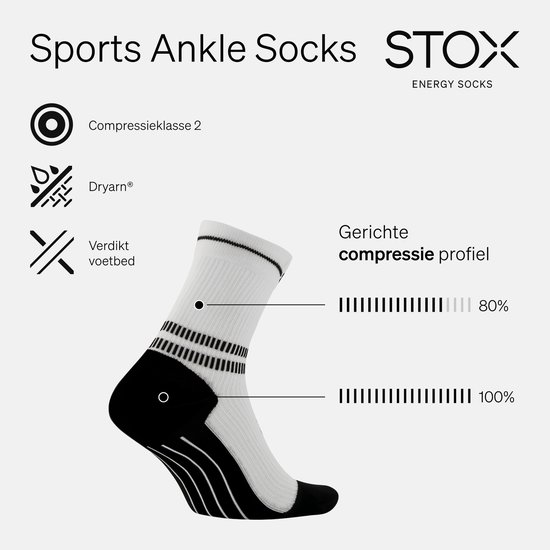Witte sportsok met zwarte band en hiel, met compressieprofielen 80% en 100%.