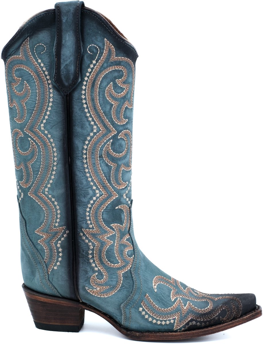 Circle G dames cowboylaarzen in blauw leer met ecru en bruine stiksels