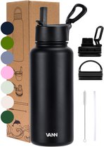 VANN® 3-Wandige RVS Drinkfles 1 Liter met rietje voor volwassenen – Met 5 accessoires – Thermosfles – 24 uur koud/12 uur warm – Zwart – VANN ULTIMATE BOTTLE®