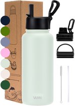 Gourde VANN® 3 parois 1 litre avec paille pour adulte - avec 3 bouchons / Multifonctionnelle - 24h froide / 12h chaude - Grijs