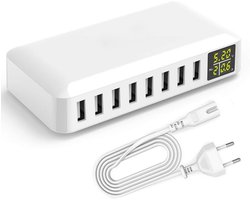 USB-oplader - 8-poorts slimme USB-oplader - 50W 8A multi-poort USB-hub - met LCD-scherm - Snel opladen - Wandlader - Voedingsadapter - Met 1,20 meter lang netsnoer - EU-stekker