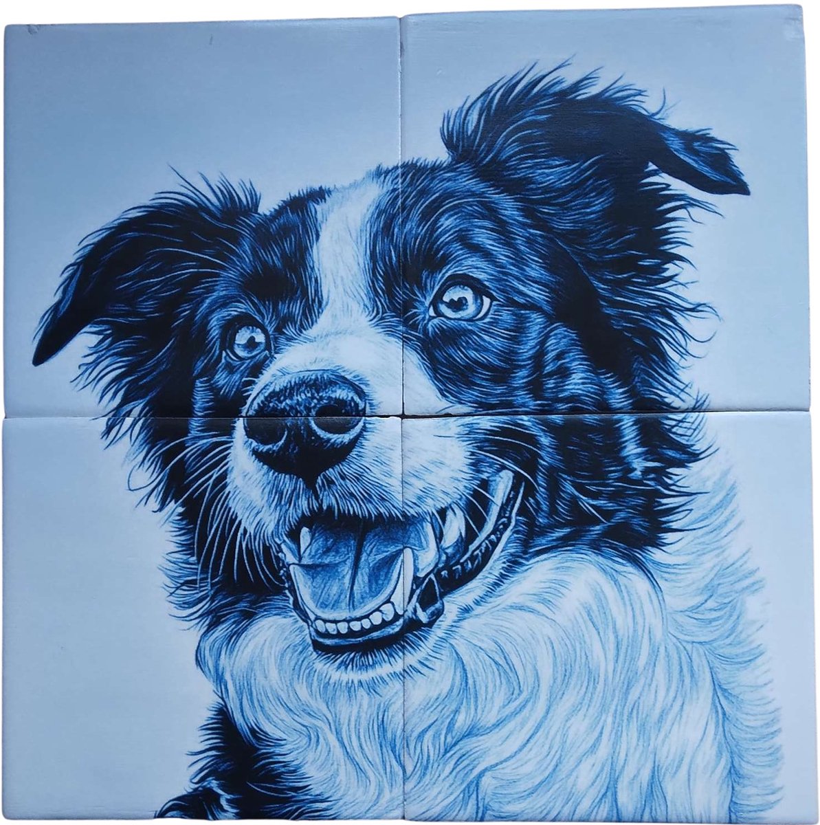 MadDeco Nederlands fabrikaat Delfts Blauwe Bordercollie op plateau van 4 tegels Friese Witjes 13 x 13 cm per tegel
