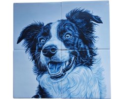 MadDeco Nederlands fabrikaat Delfts Blauwe Bordercollie op plateau van 4 tegels Friese Witjes 13 x 13 cm per tegel