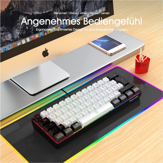 Compact 60% Bekabeld Gamingtoetsenbord - Mini Draagbaar RGB-Toetsenbord Voor PC - Mac - Kantoor - Gaming - 61 Toetsen - Duits Alfabet - Zwart-Wit