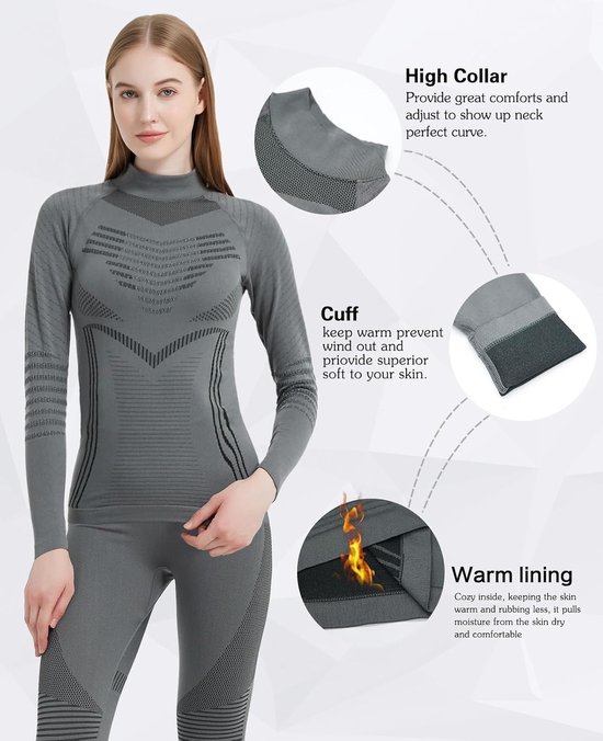 NOOYME Thermo-ondergoed voor dames, functioneel ondergoed, warm en ademend, functioneel ondergoed, dames, thermisch ondergoed, skiondergoed voor dames, XL