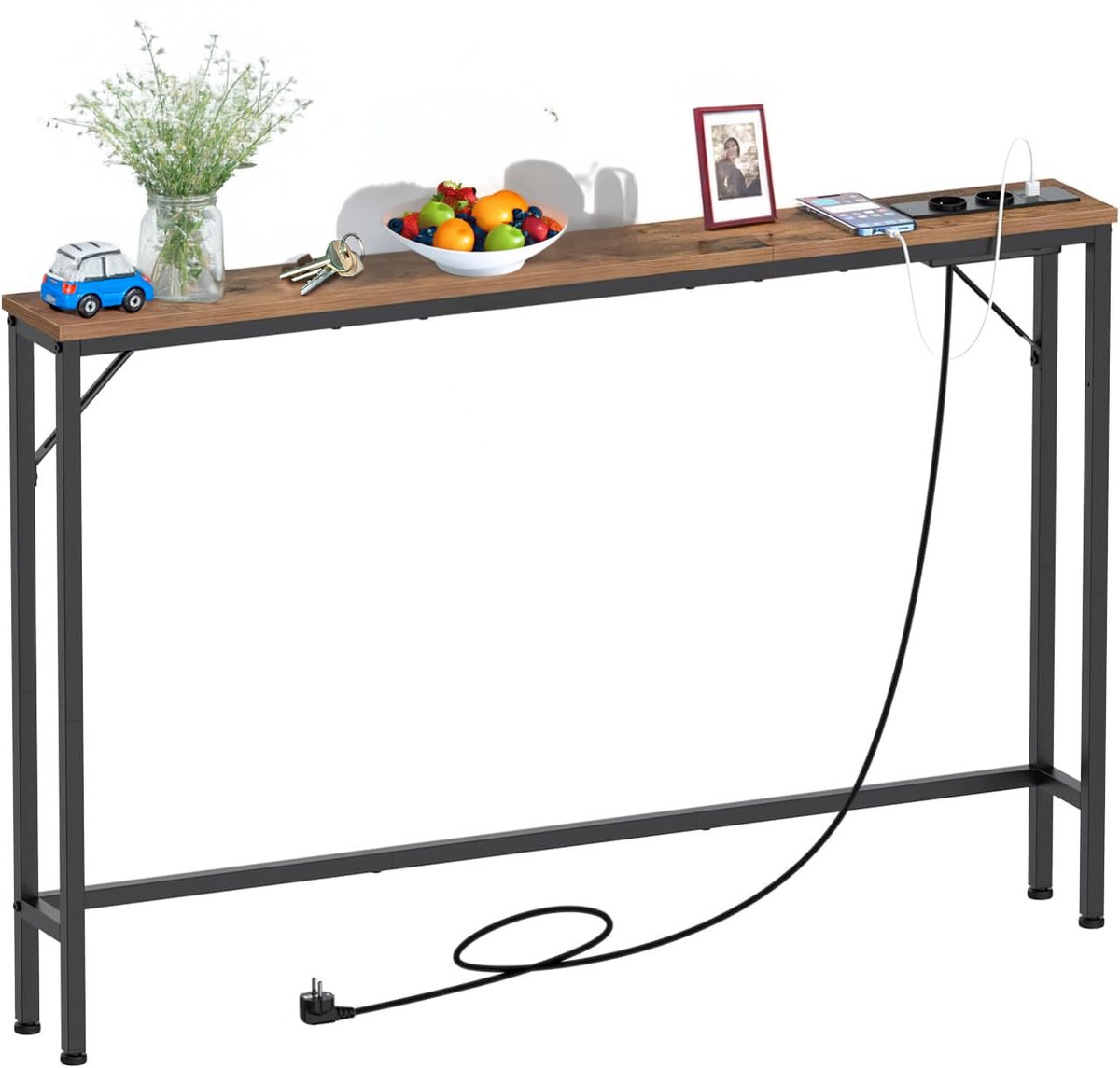 Homesy Consoletafel - Wandtafel - Haltafel met lades - 15 cm smalle consoletafel met laadstation, industrieel design, moderne salontafel met stabiel stalen frame, voor woonkamer, hal, kantoor (vintage bruin, 120 x 15 x 80 cm (d x b x h)