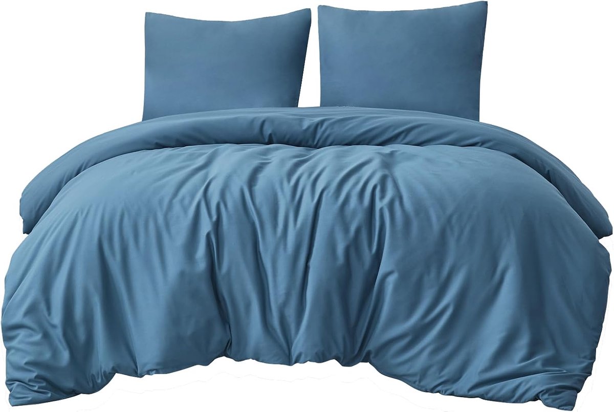 Famanu Beddengoed 200 x 220 cm, 3-delig, denimblauw, dekbedovertrek 200 x 220 cm, 3-delig, met kussensloop, beddengoedset microvezel, met ritssluiting, zacht en strijkvrij