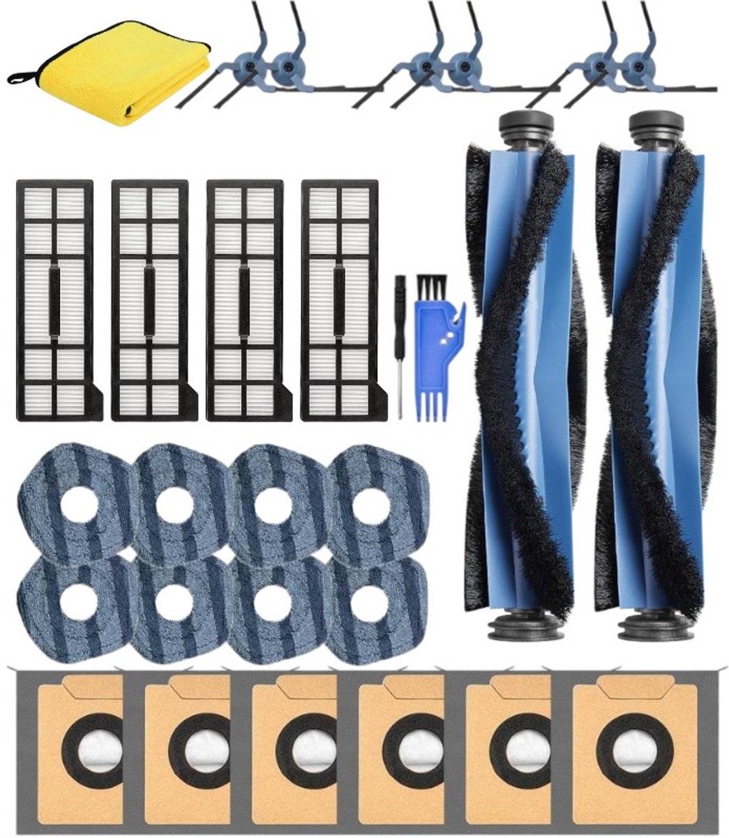 Dutchers® 29-Delige Vervangende Accessoires set voor Eufy X10 Pro Omni Robotstofzuiger,2 Hoofdborstel,6 Zijborstels,4 Hepa-filters,6 Stofzakken,8 Dweilpads