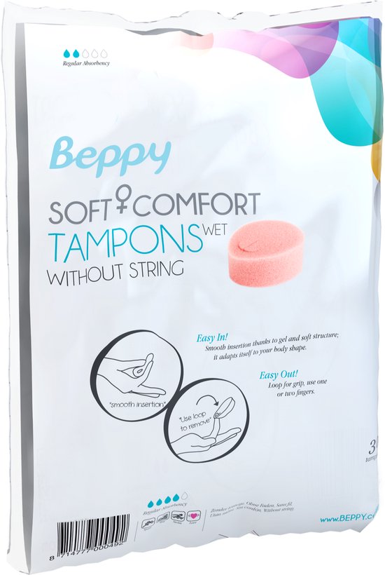 Verpakking Beppy tampons zonder touwtje, met afbeelding van een roze tampon