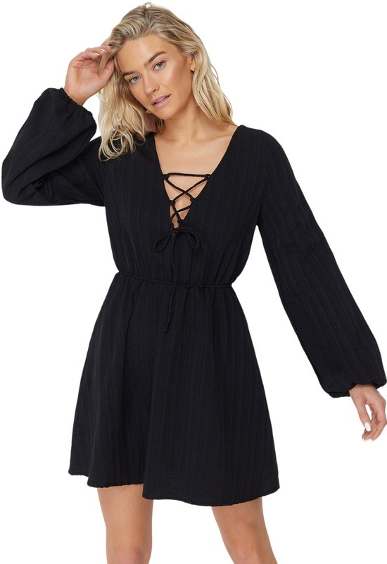 Trendyol Ecru Mini-Geweven Linnen Strandjurk Met Strikband Tbess23El00103