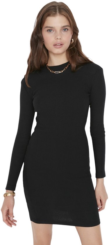 Trendyol Indigo Aansluitende Mini Halve Coltrui Geribde Stretch Gebreide Jurk Twoaw21El2244