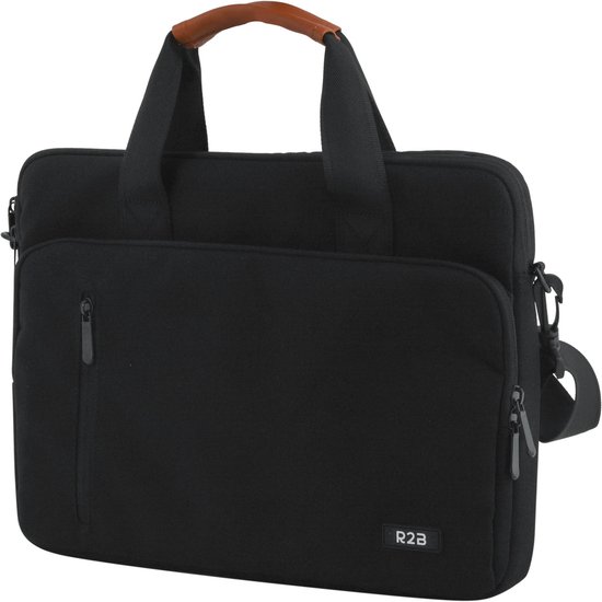 Zwarte laptoptas met twee handvatten aan de bovenkant en een afneembare schouderband. Het R2B-logo is zichtbaar.
