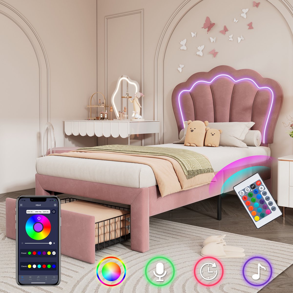 Merax Kinderbed LED Eenpersoonsbed 90 x 190 cm Gestoffeerd Bed met Lades APP-Control LED Bedframe Verstelbaar Hoofdeinde Velvet, Roze
