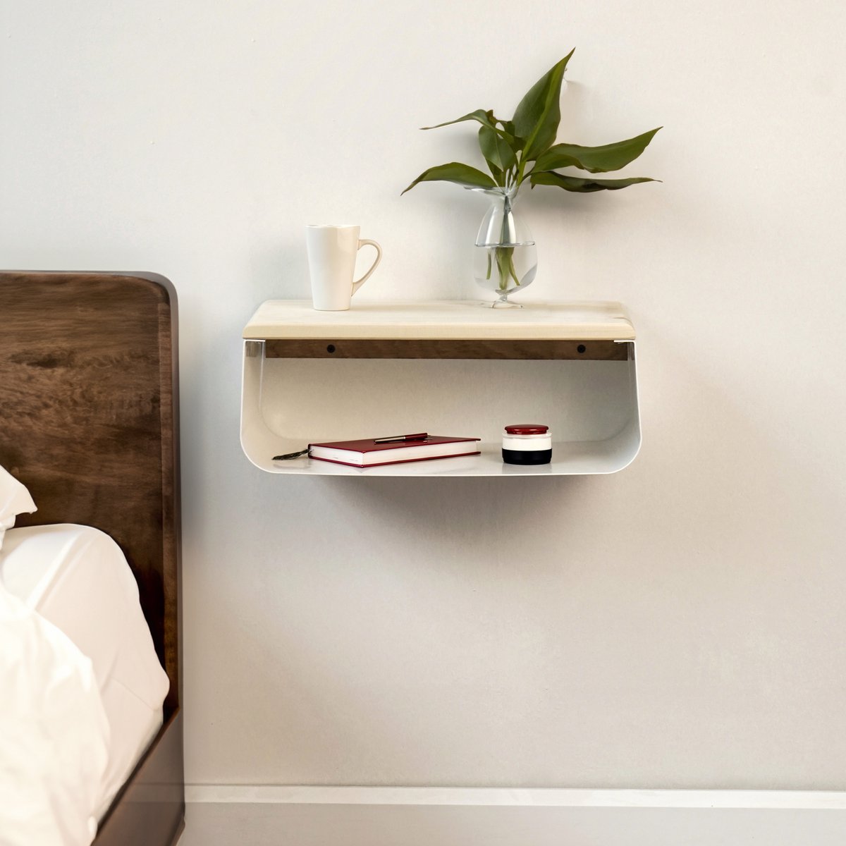 Industrieel zwevend nachtkastje - Moderne wandplank - Houten nachttafel met wit metalen frame - Minimalistisch en ruimtebesparend design