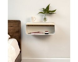 Industrieel zwevend nachtkastje - Moderne wandplank - Houten nachttafel met wit metalen frame - Minimalistisch en ruimtebesparend design