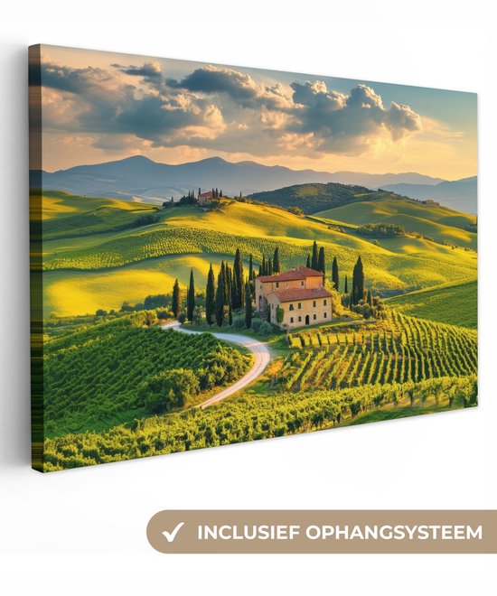 Canvas schilderij 120x80 cm - Exclusieve wanddecoratie Toscane - Landschap - Wijngaarden - Muurdecoratie woonkamer - Slaapkamer decoratie - Kamer accessoires - Schilderijen op canvas