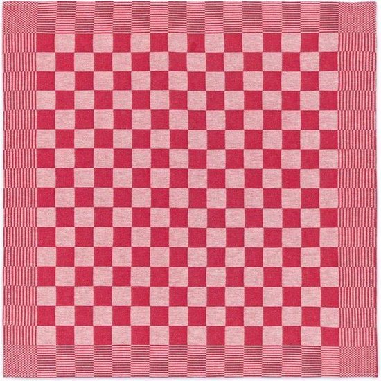 Rood-wit geblokt keukendoek met een fijn gestreept randje.