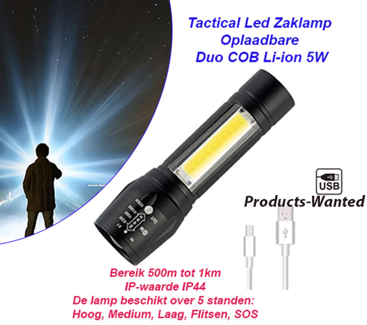 2-Stuks USB Oplaadbare Militaire Tactical Led Zaklamp Duo COB Li-ion 5W