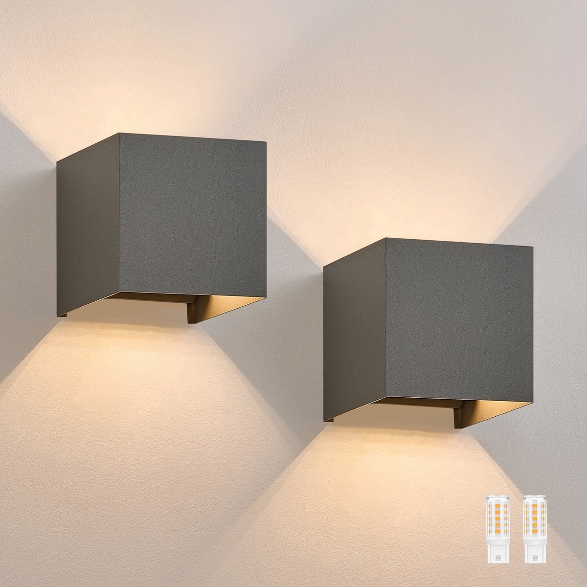 NETTLIFE Wandlamp LED - 2 stuks - grijs - G9 - up down Licht - Geschikt voor binnen en buiten - IP65 - warm wit 3000K - Wandlampen voor tuin
