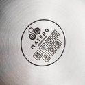 Onderkant van een Matero koekenpan met symbolen voor inductie, gas, elektrisch, keramisch, halogeen en ovenbestendig.