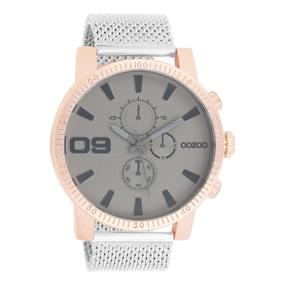 OOZOO Timepieces - Rosé goudkleurige horloge met zilverkleurige metalen mesh armband - C9437
