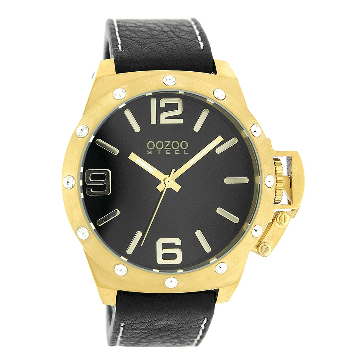 OOZOO Timepieces - Goudkleurige horloge met zwarte leren band - OS130
