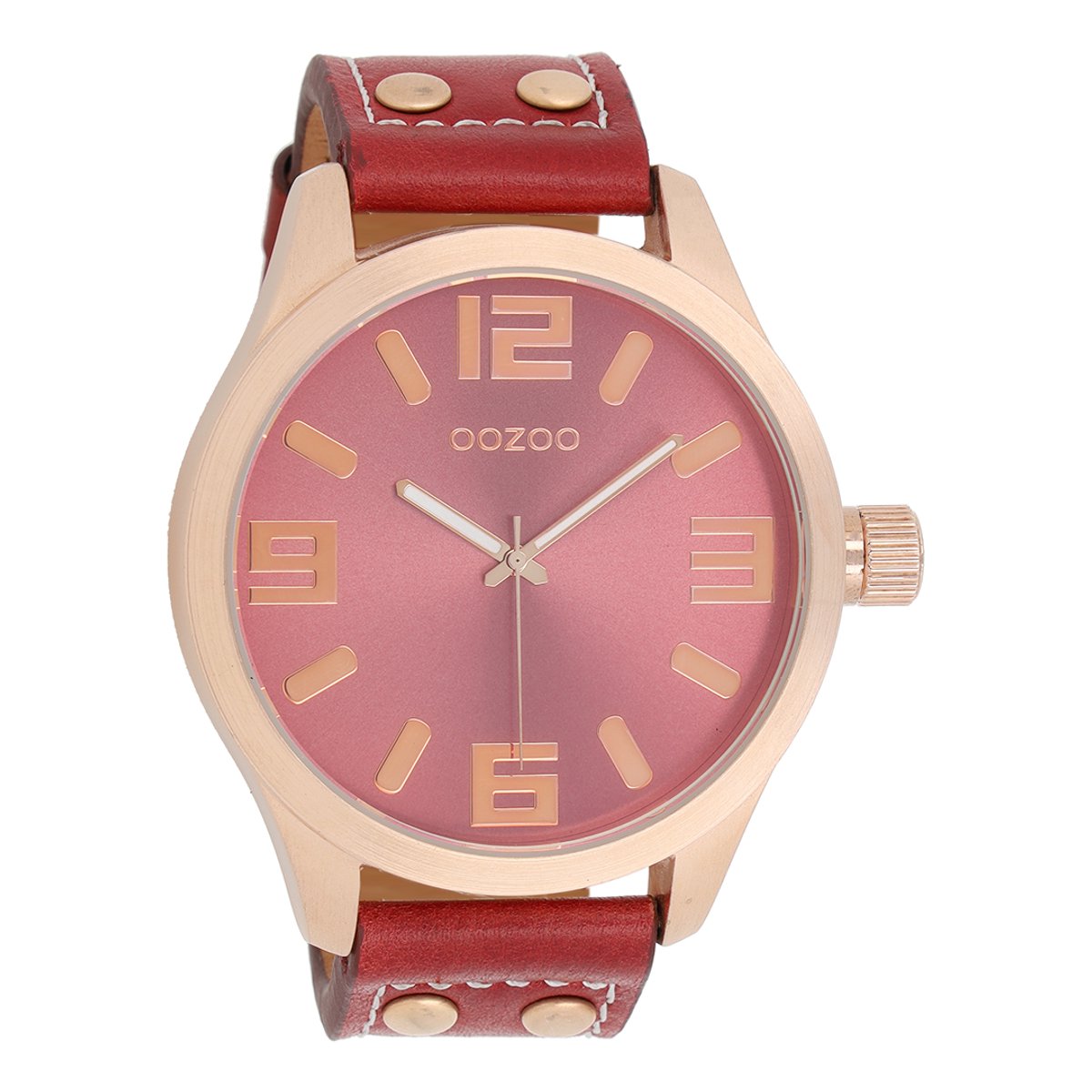OOZOO Timepieces - Rosé goudkleurige horloge met koraal rood leren band - C1105