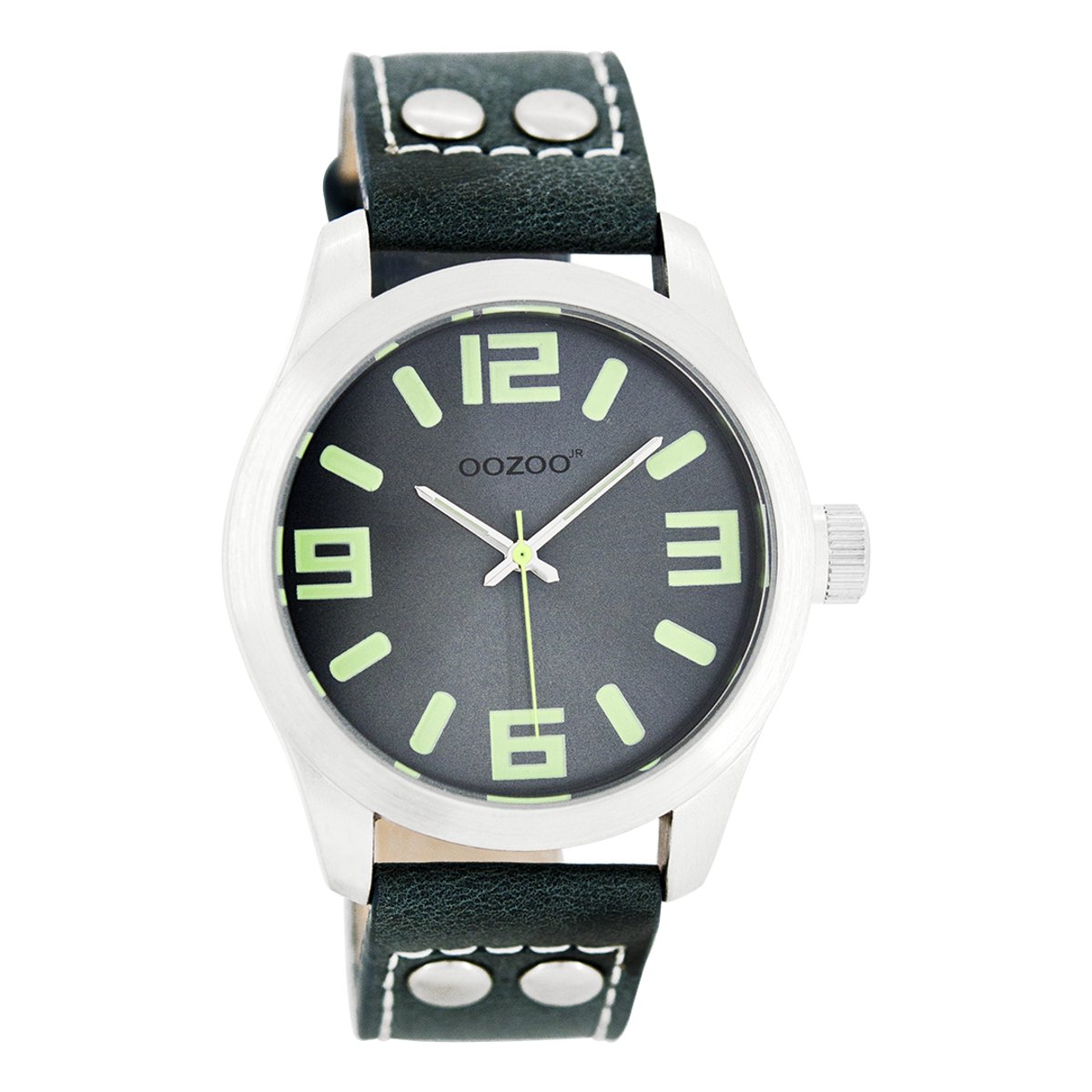 OOZOO Timepieces - Zilverkleurige horloge met donker blauwe leren band - JR266